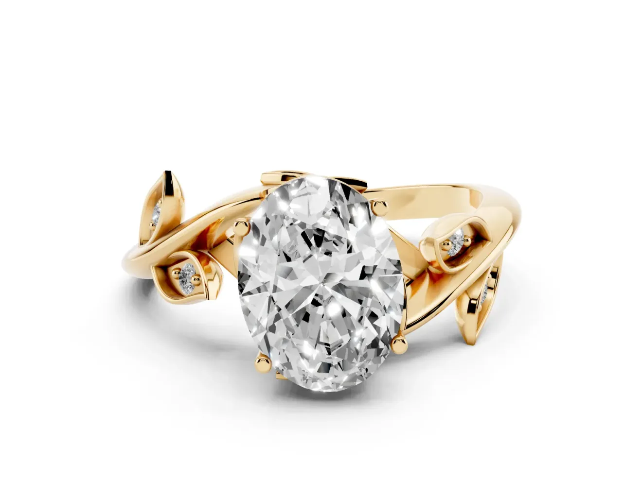 Oval Cut Diamond Solitaire Twist Engagement Ring Set in Yellow gold with Pavé Leaf Accents