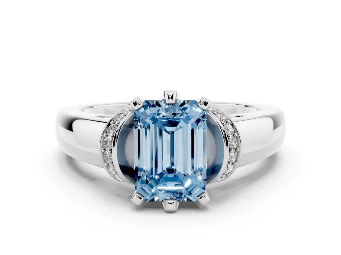 Emerald Cut Pavé Collar Engagement Ring Setting for a Fancy Blue Lab-Grown Diamond | Sterling Silver
