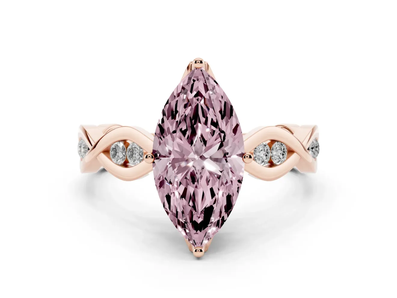 Fancy Pink Marquise Cut Diamond Twist Band Solitaire Ring Set in Rose gold with Leaf Prong Setting and Accent Stones