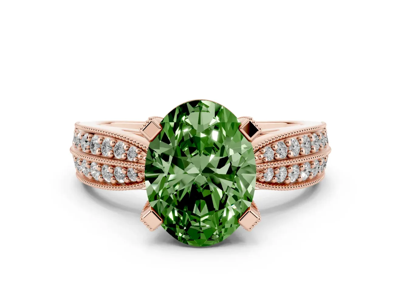 Fancy Green Oval Cut Diamond Solitaire Ring Set in Rose gold with Milgrain Double Row Round Pavé Band