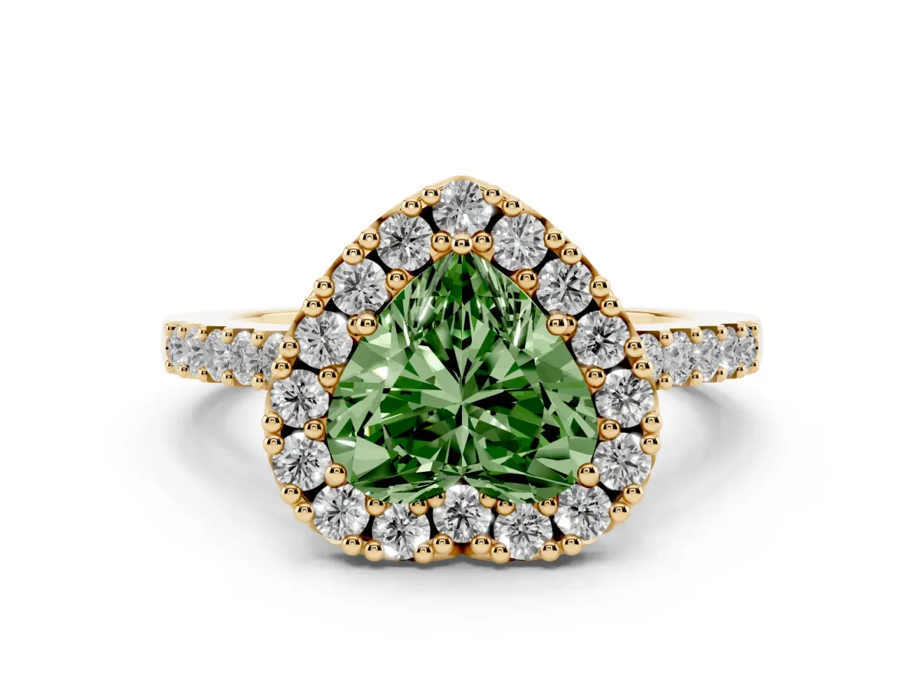 Fancy Green Heart Cut Diamond Halo Pavé Solitaire Ring Set in Yellow gold with Prong-Set Center Stone