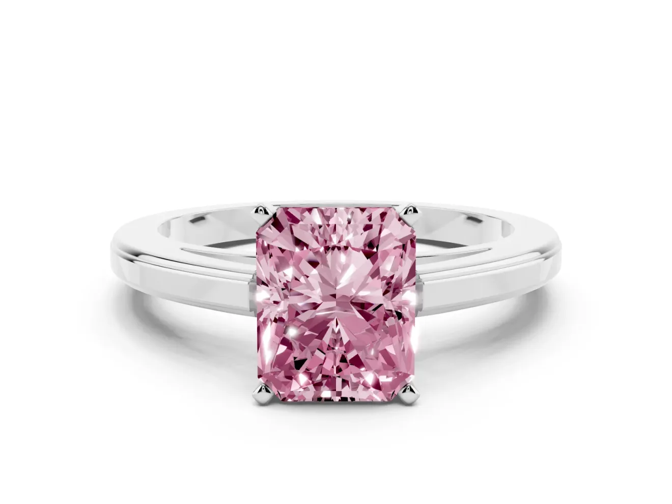 Fancy Pink Radiant Cut Diamond Solitaire Ring Set in Platinum with Prong Setting and Classic Band