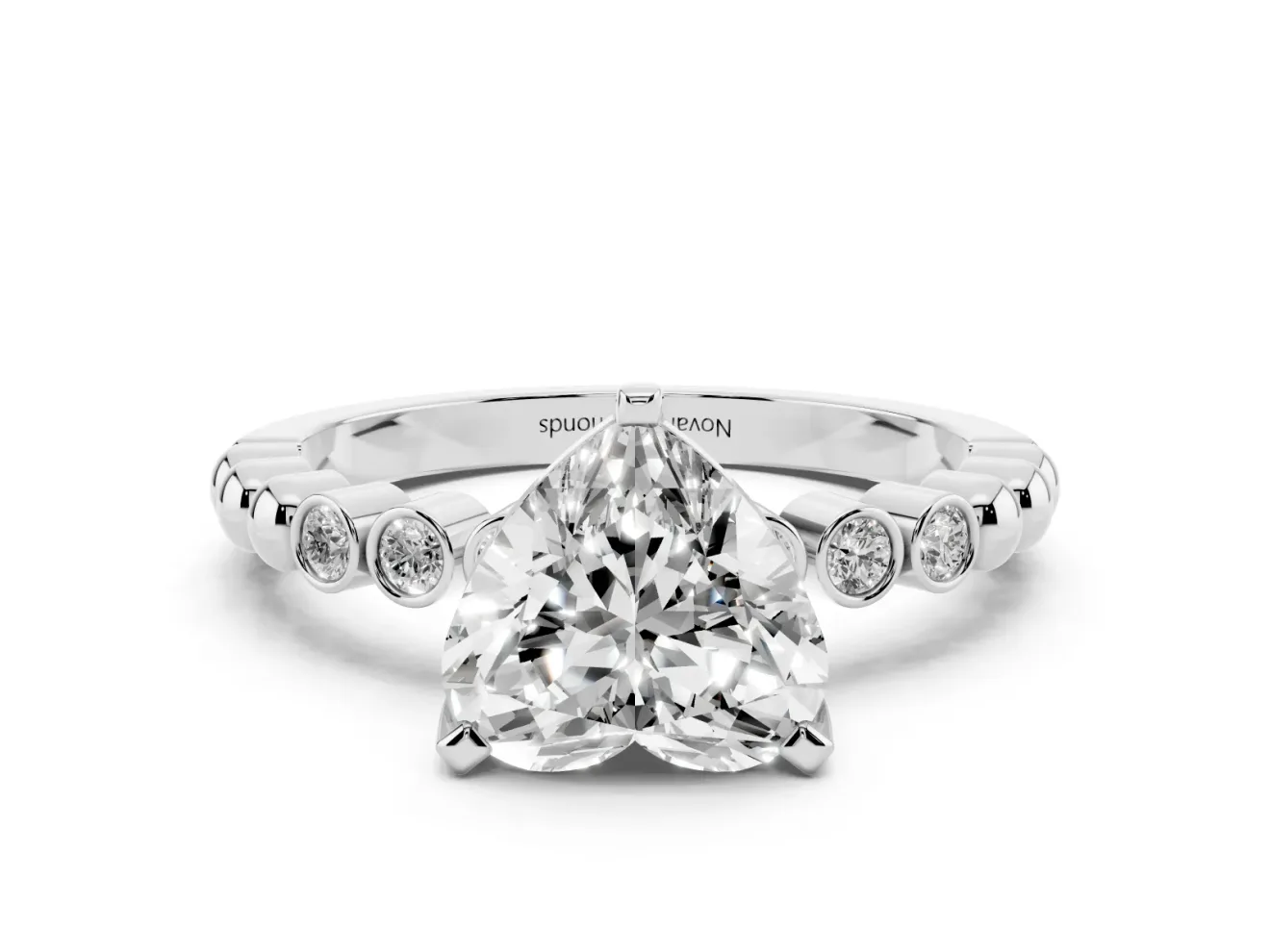 Heart Cut Diamond Solitaire Engagement Ring Set in Silver with Bezel Accents on Beaded Band