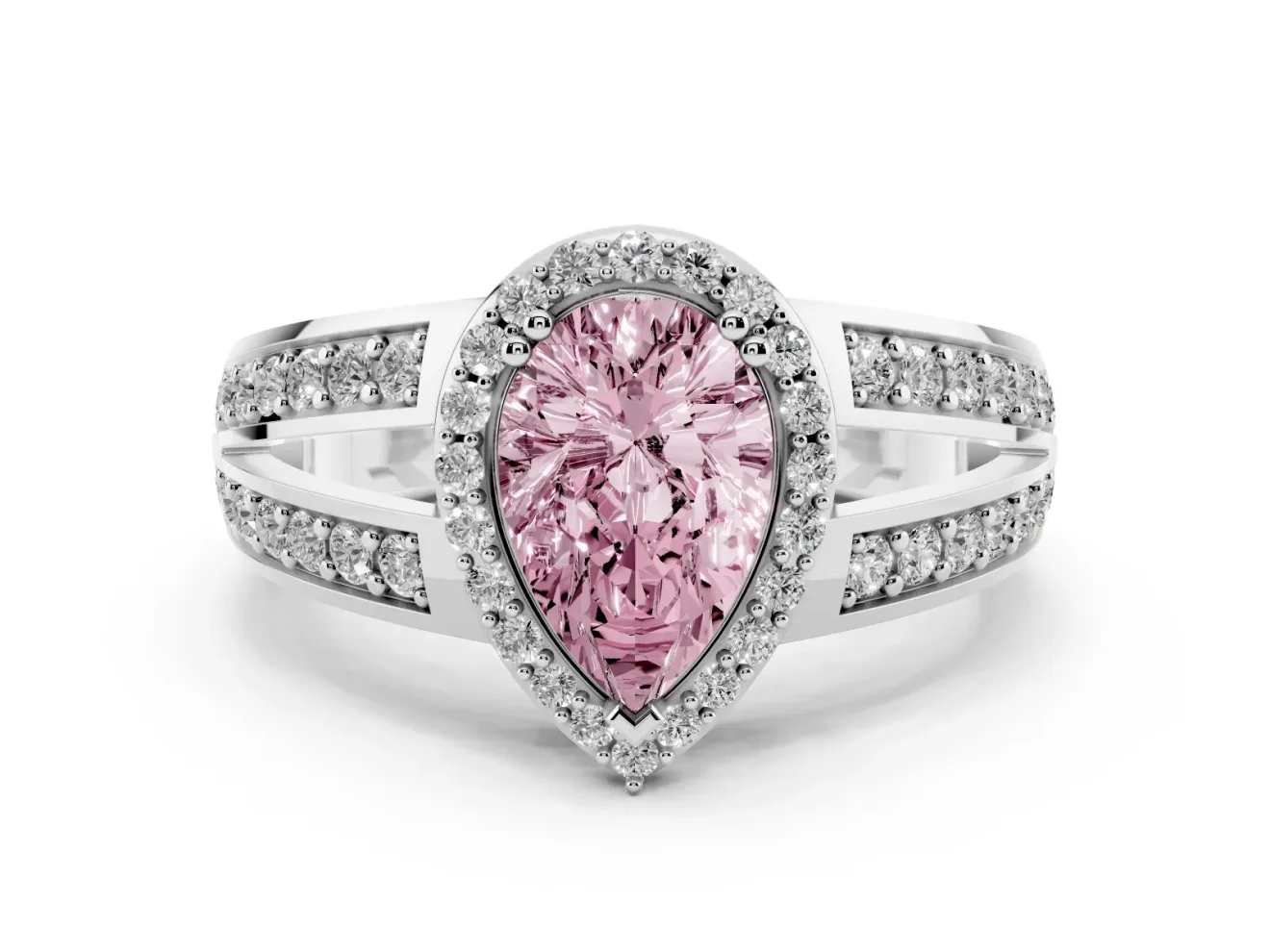 Pear-Shaped Halo Engagement Ring Setting for a Fancy Pink Lab-Grown Diamond | Two-Row Pave Split Shank | Sterling Silver