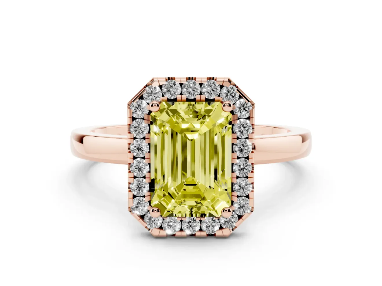 Emerald Cut Thin Halo Engagement Ring Setting for a Fancy Yellow Lab-Grown Diamond | Plain Polished Band | Rose Gold