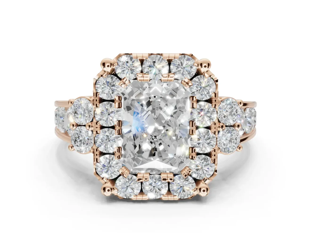 Radiant Cut Halo Side Cluster Engagement Ring Setting | Graduated Channel Band | Rose Gold