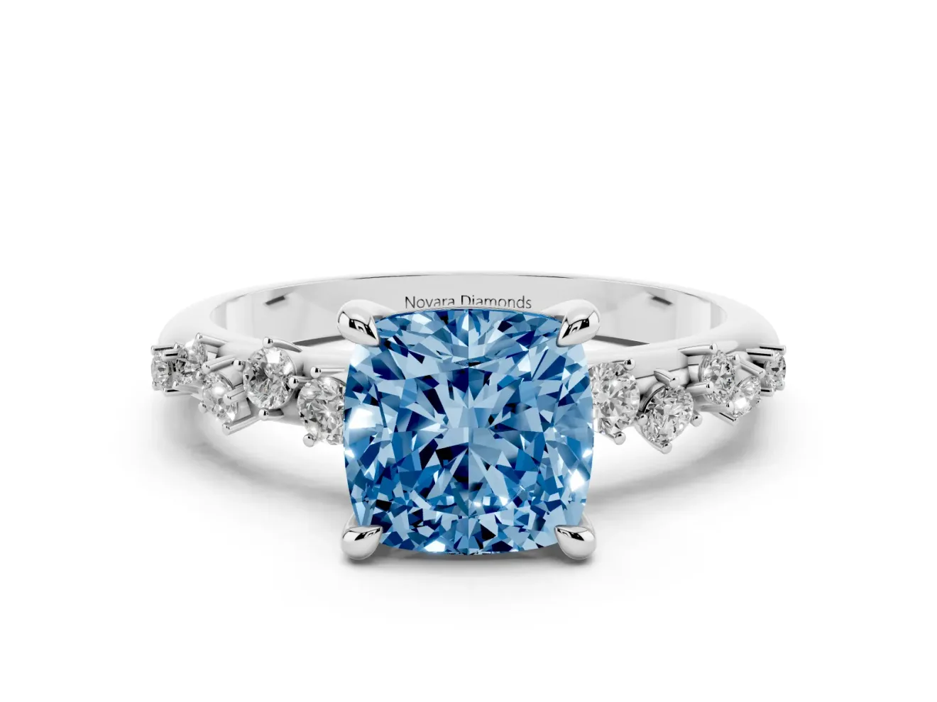 Fancy Blue Cushion Cut Diamond Solitaire Vine Band Ring Set in Platinum with Round Accents and Prong Setting