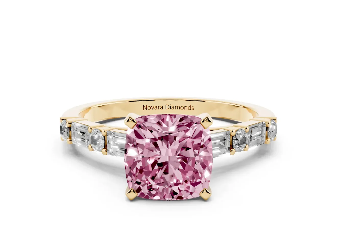 Fancy Pink Cushion Cut Diamond Solitaire Set in Yellow gold with Side Baguettes and Channel Set Band