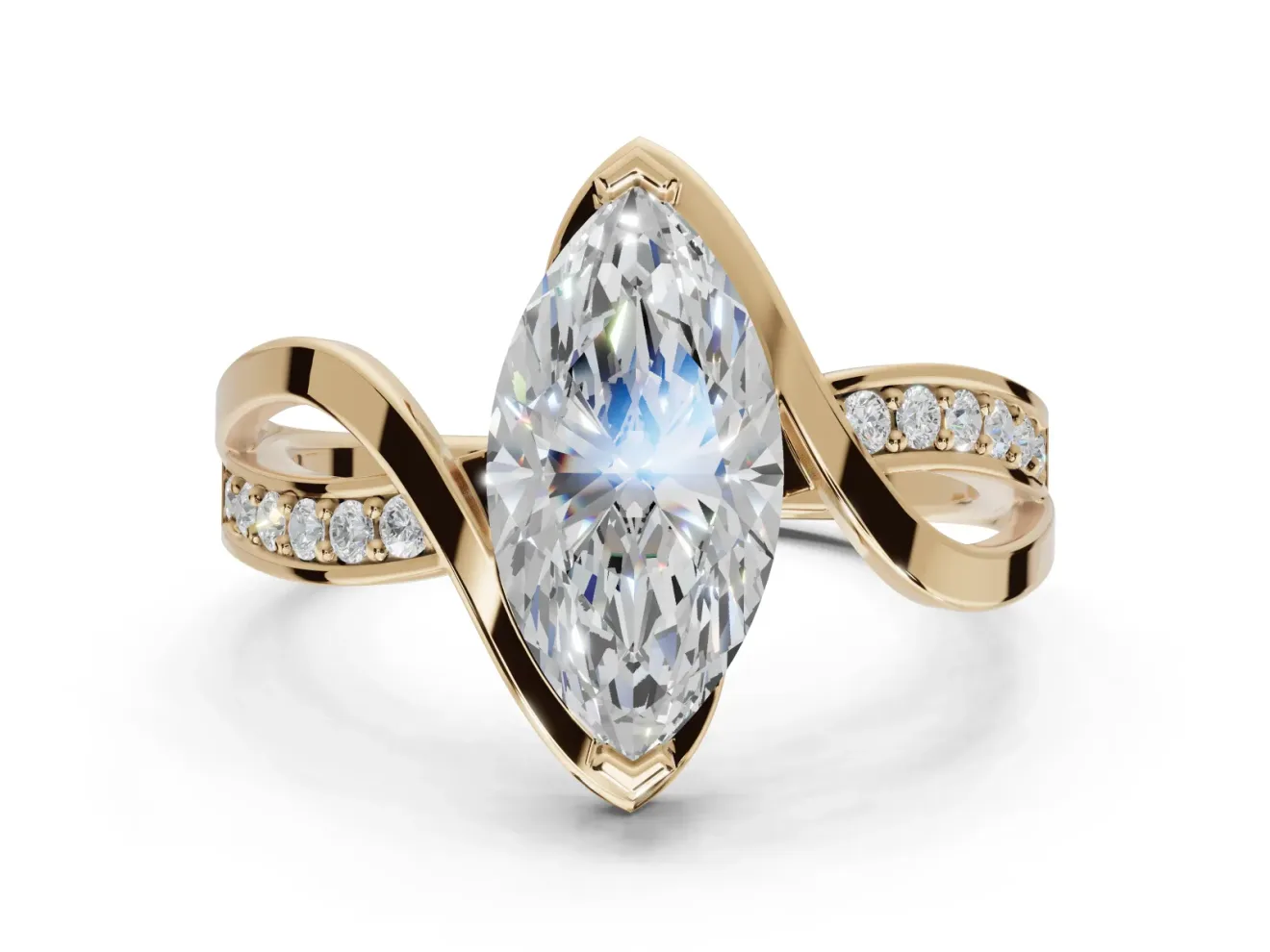 Marquise Bypass Solitaire Engagement Ring Setting | Pavé and Plain Strands | Yellow Gold