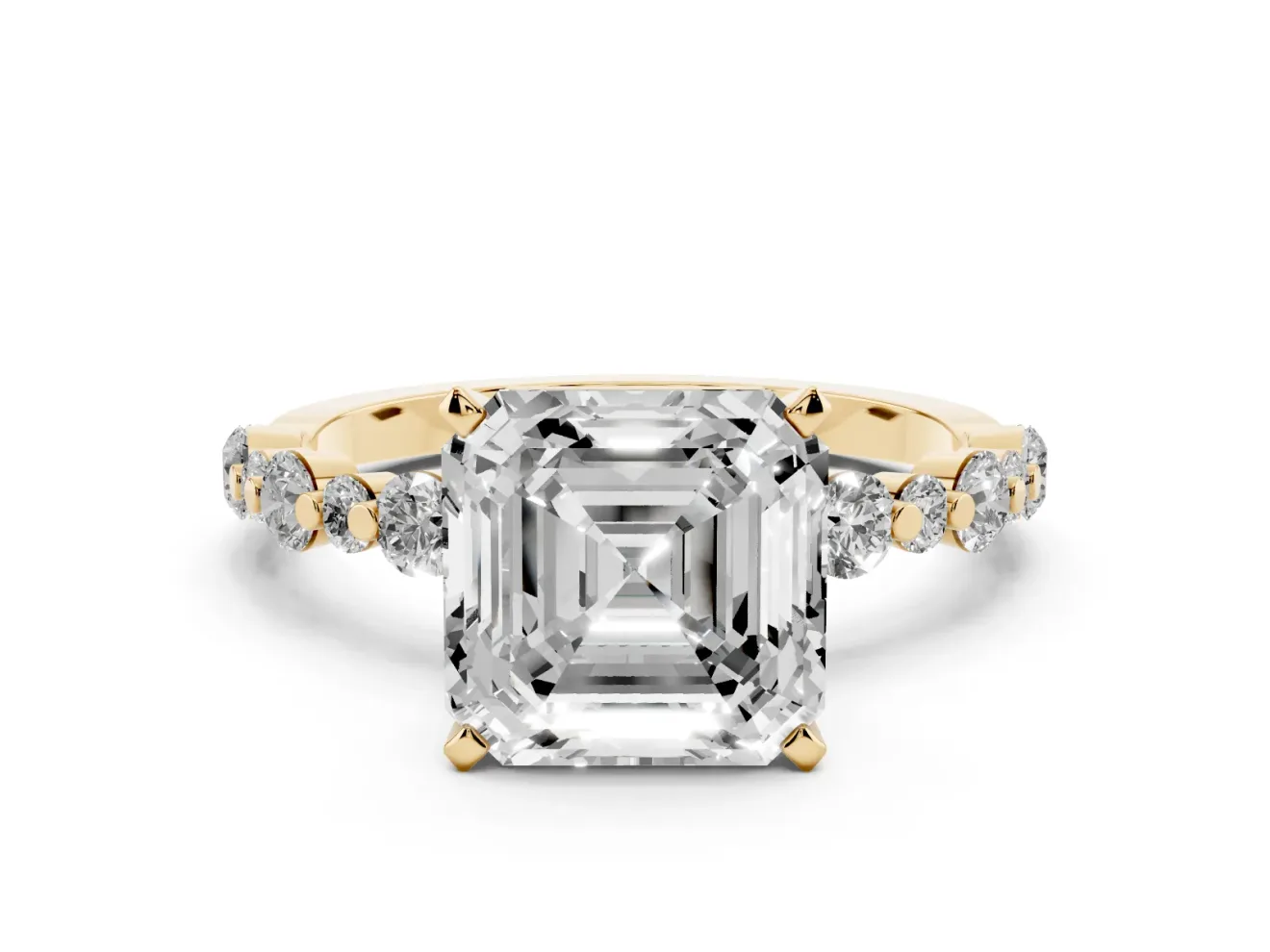 Asscher Cut Pavé Solitaire Engagement Ring Setting | Alternating Accents | Yellow Gold