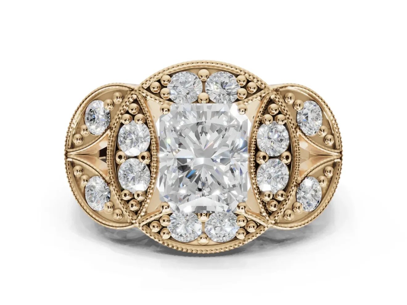 Radiant Cut Vintage Floral Halo Engagement Ring Setting | Engraved Milgrain Band | Yellow Gold