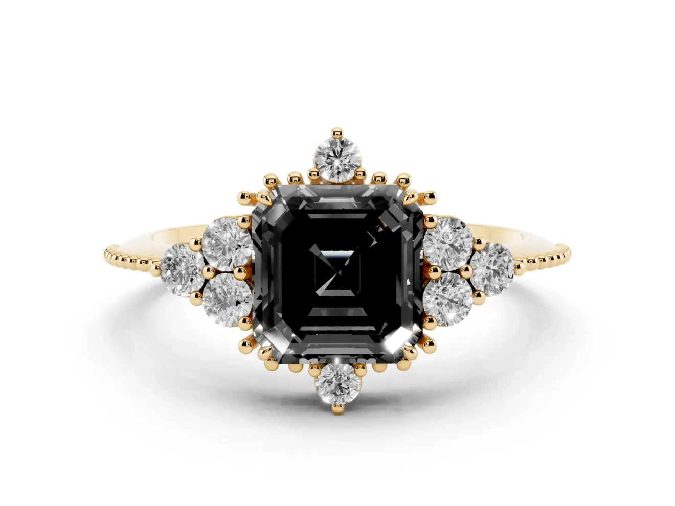 Asscher Cut Vintage Cluster Engagement Ring Setting for a Black Center | Beaded Edges | Yellow Gold