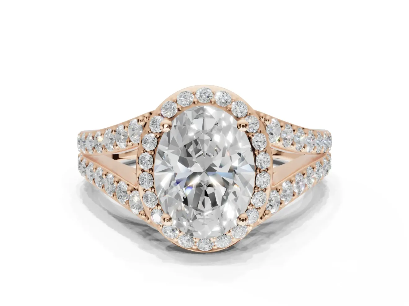 Oval Halo Pavé Engagement Ring Setting | Narrow Split Shank | Rose Gold