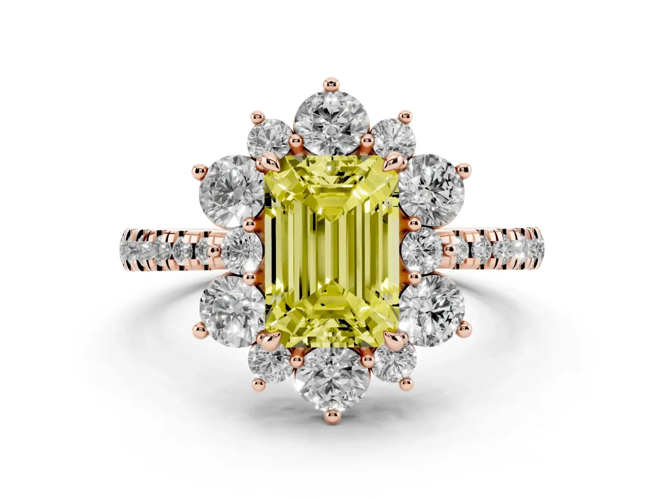 Emerald Cut Star Floral Halo Engagement Ring Setting for a Fancy Yellow Lab-Grown Diamond | Rose Gold