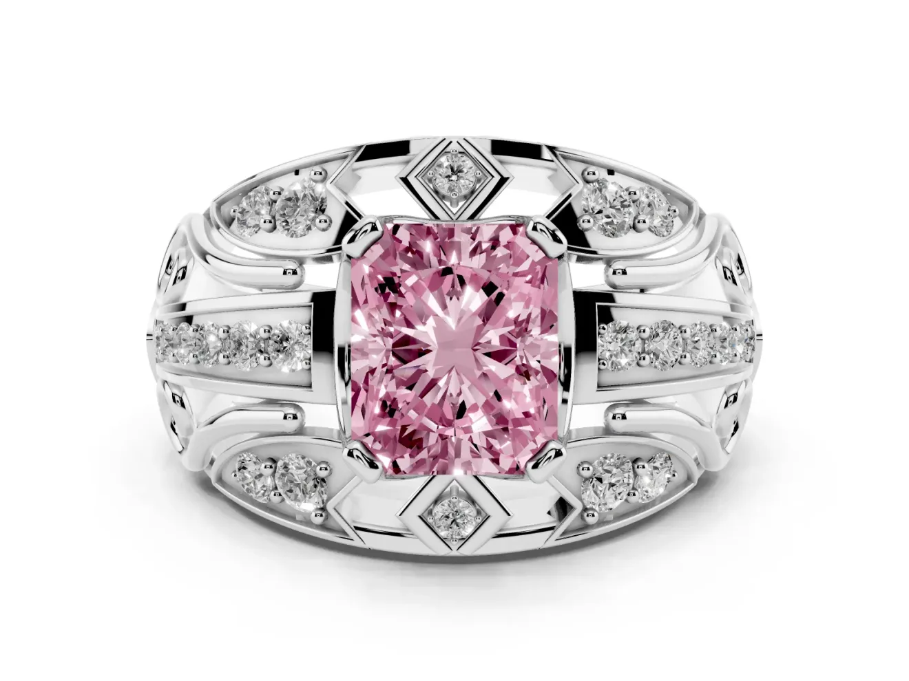 Radiant Cut Art Deco Graduated Engagement Ring Setting for a Fancy Pink Lab-Grown Diamond | Platinum