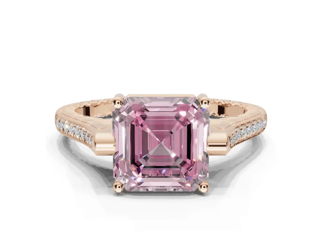 Asscher Cut Vintage Cathedral Engagement Ring Setting for a Fancy Pink Lab-Grown Diamond | Carved Band | Rose Gold