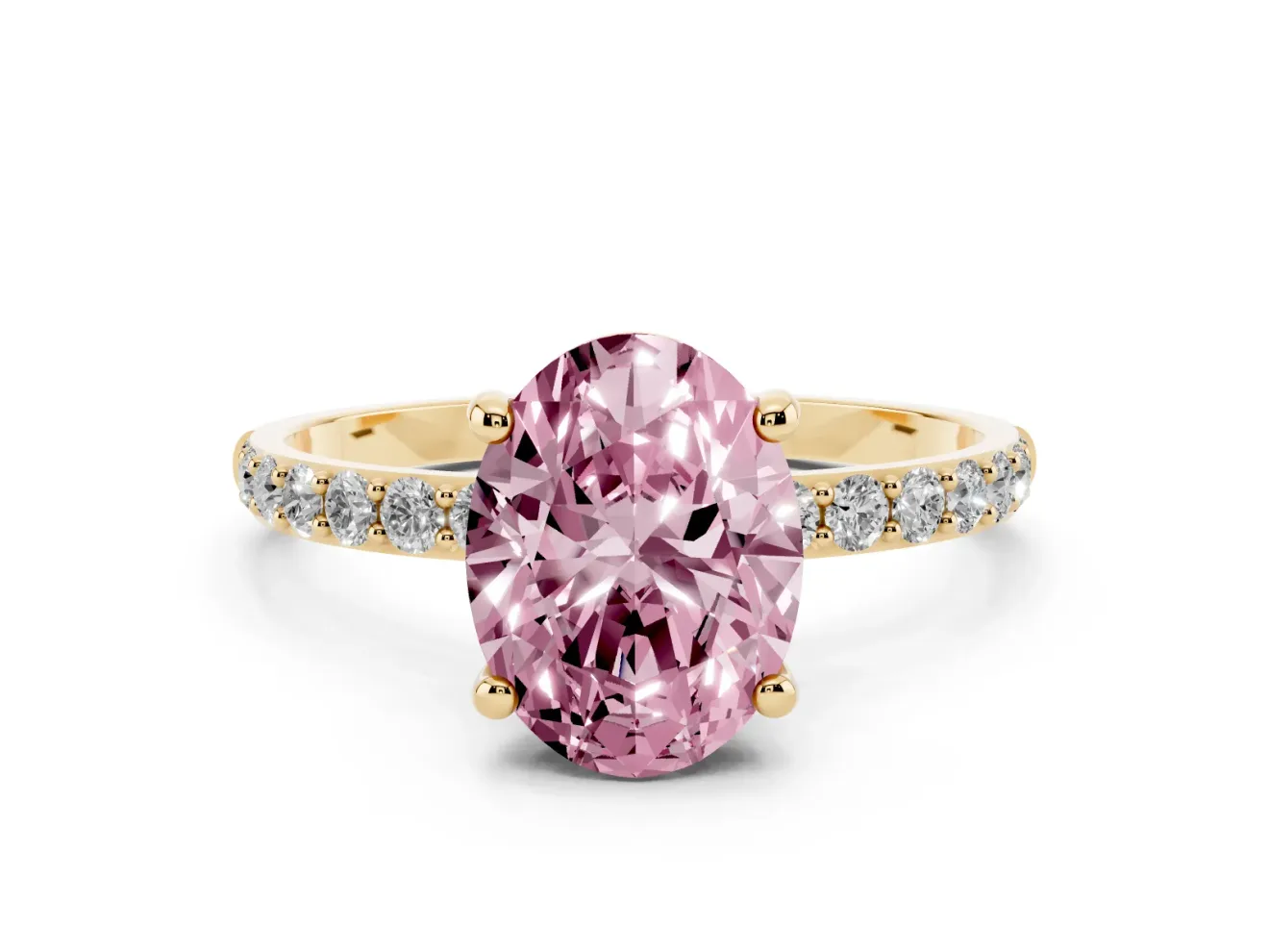 Fancy Pink Oval Cut Diamond Solitaire Ring Set in Yellow gold with Round Pavé Band and Prong Setting