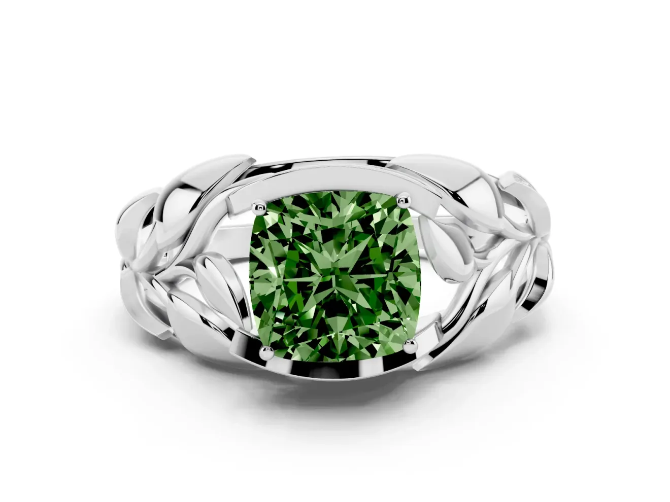 Cushion Cut Leaf Bypass Engagement Ring Setting for a Fancy Green Lab-Grown Diamond | Sculpted Leaves | Sterling Silver