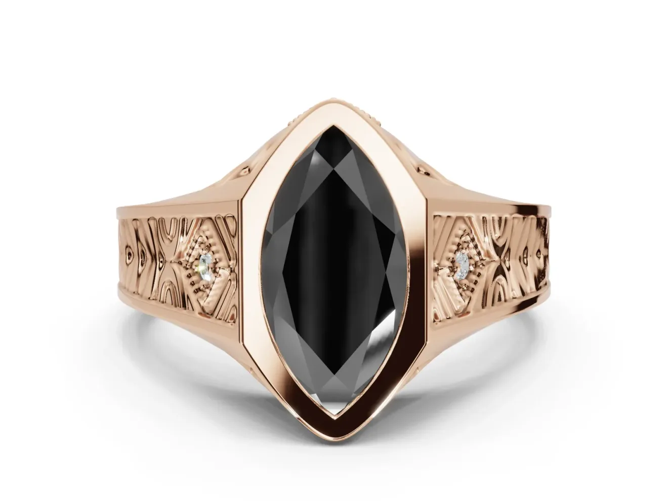 Marquise Vintage Bezel Engagement Ring Setting for a Black Center | Engraved Band | Rose Gold