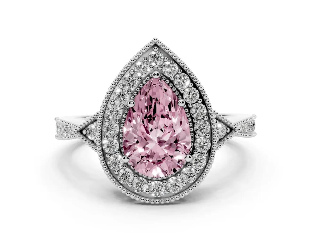 Fancy Pink Pear Cut Diamond Halo Engagement Ring Set in Silver with Milgrain Pavé Band