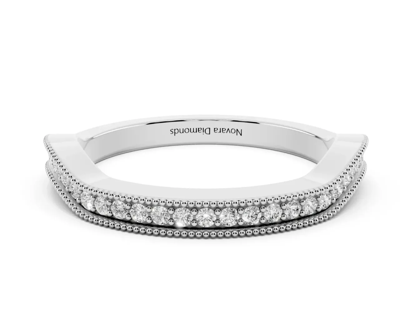 Round Diamond Channel Contour Band Set in White gold with Milgrain Edges
