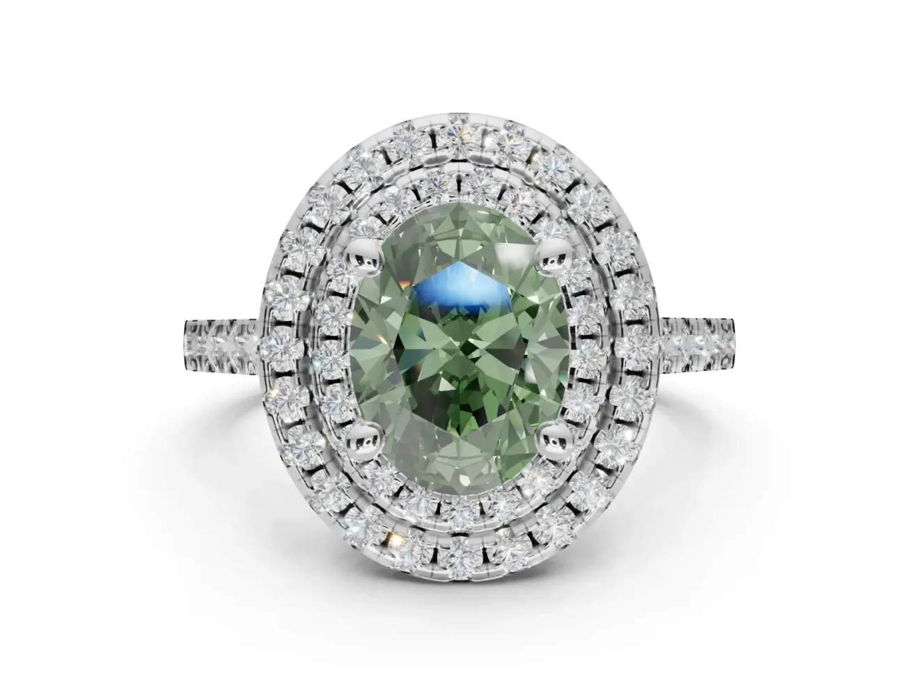 Fancy Green Oval Lab-Grown Diamond Double Halo Statement Ring Set in White Gold with Pavé Band
