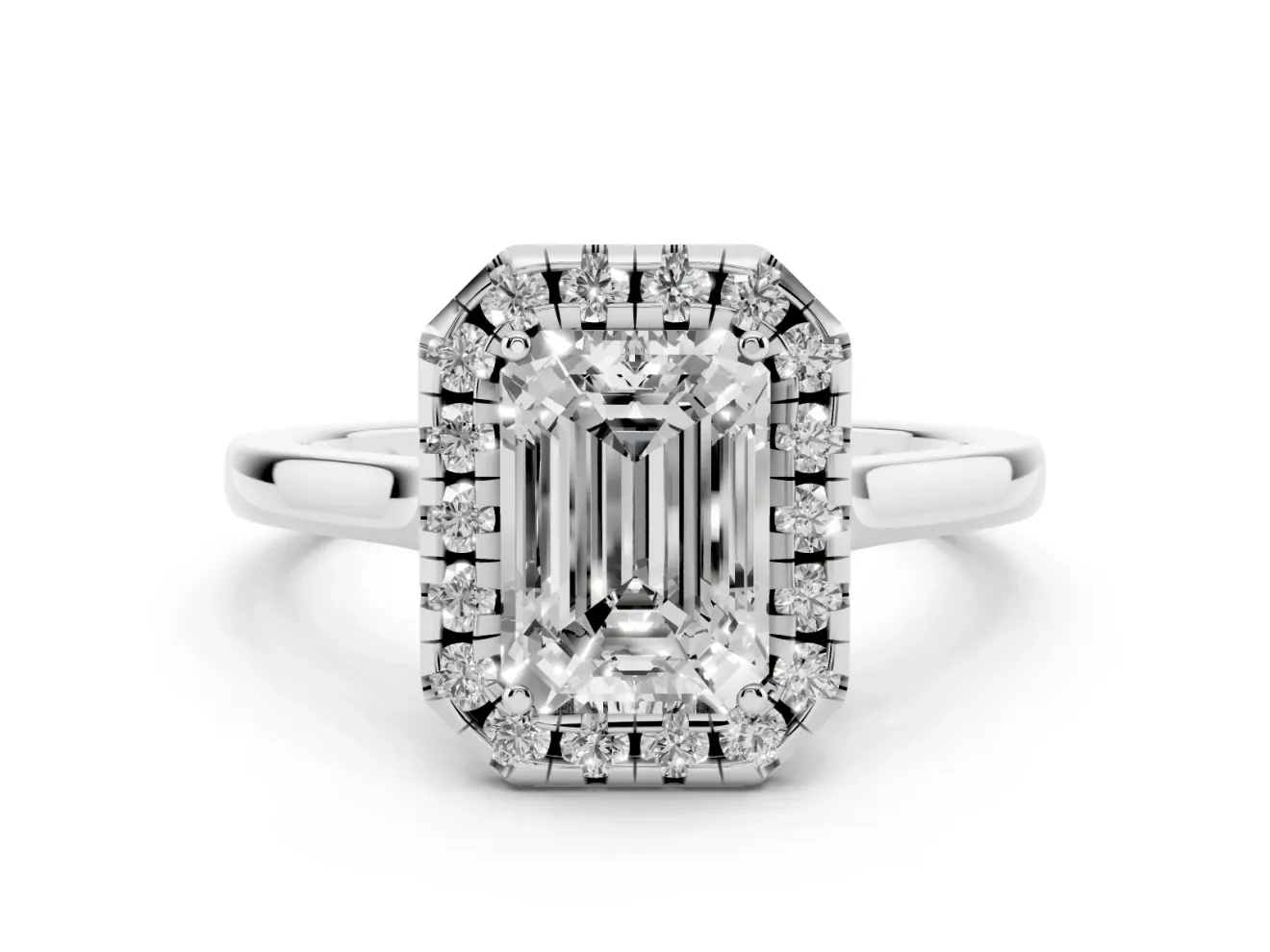 Emerald Cut Halo Engagement Ring Setting | Flat Tapered Band | Sterling Silver