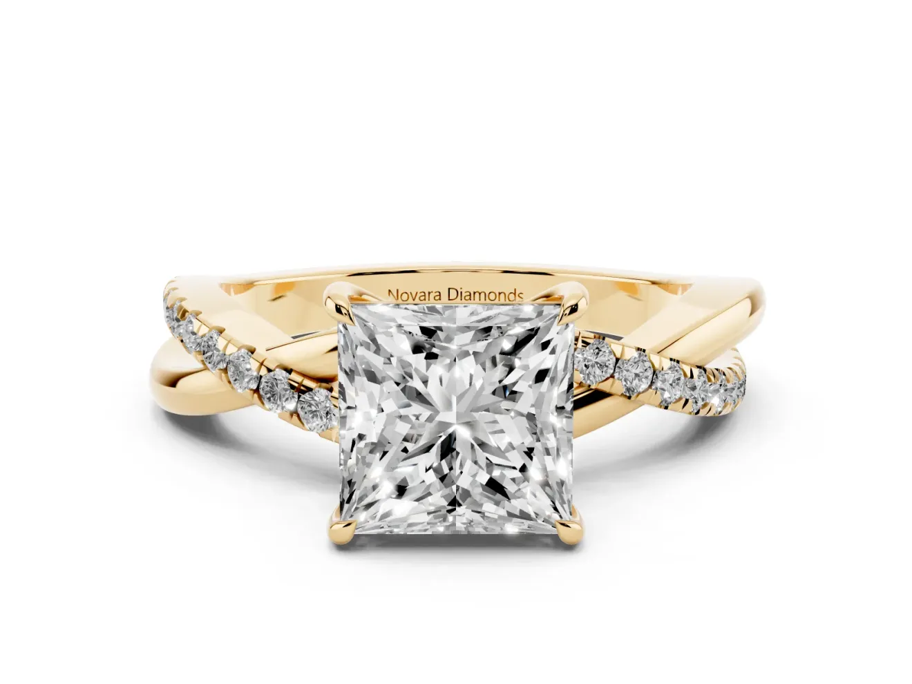 Princess Cut Crossover Pave Solitaire Engagement Ring Setting | Twisted Shoulders | Yellow Gold