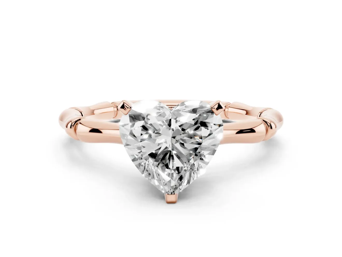 Heart Cut Diamond Solitaire Ring Set in Rose gold with Bamboo Band and Prong Setting