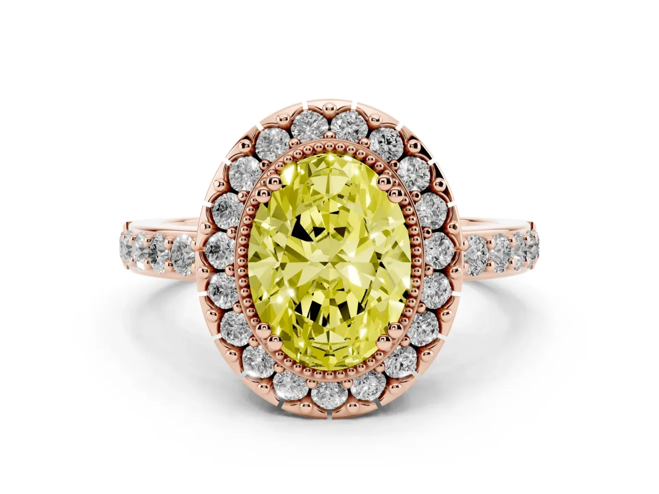 Fancy Yellow Oval Cut Diamond Halo Ring Set in Rose gold with Pavé Shank and Prong Setting