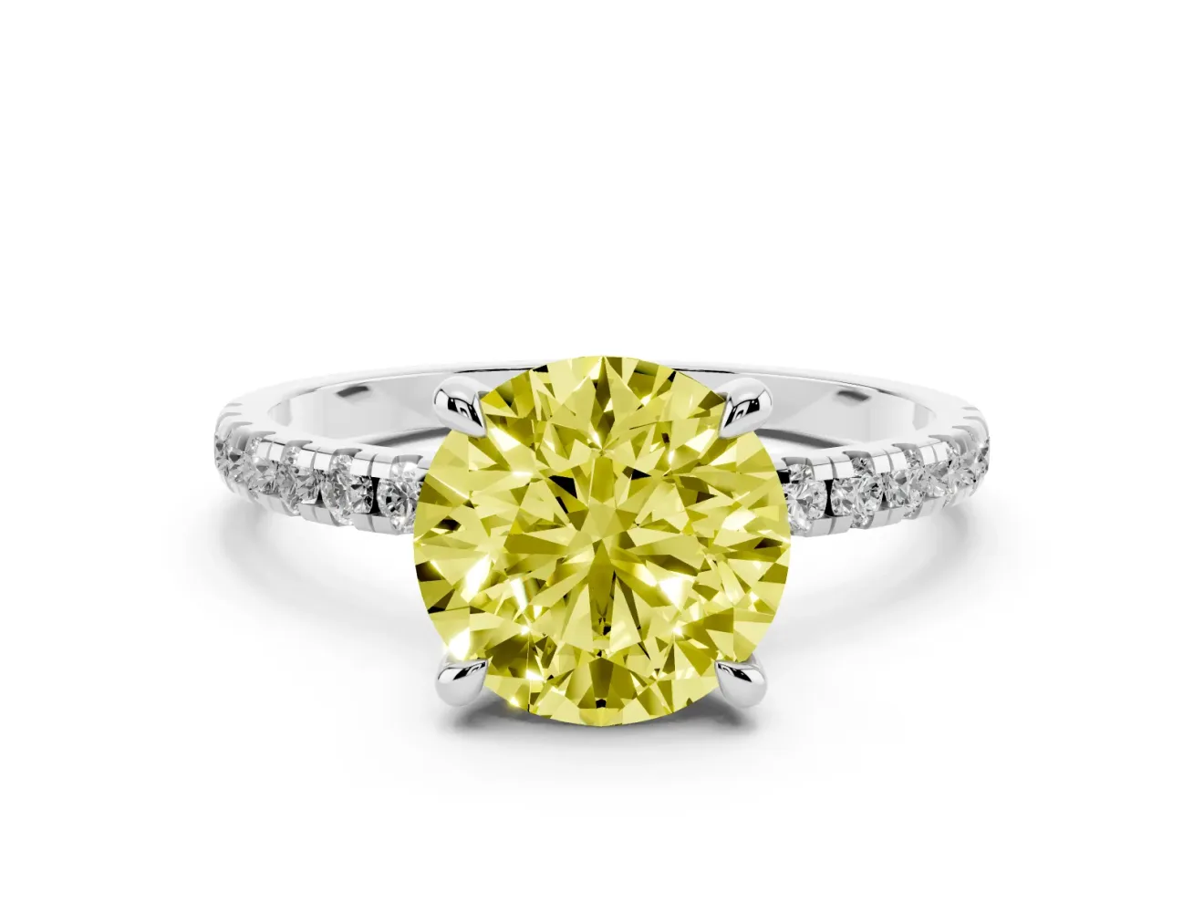 Fancy Yellow Round Cut Diamond Brilliant Solitaire Ring Set in White gold with Pavé Band and Prong Setting