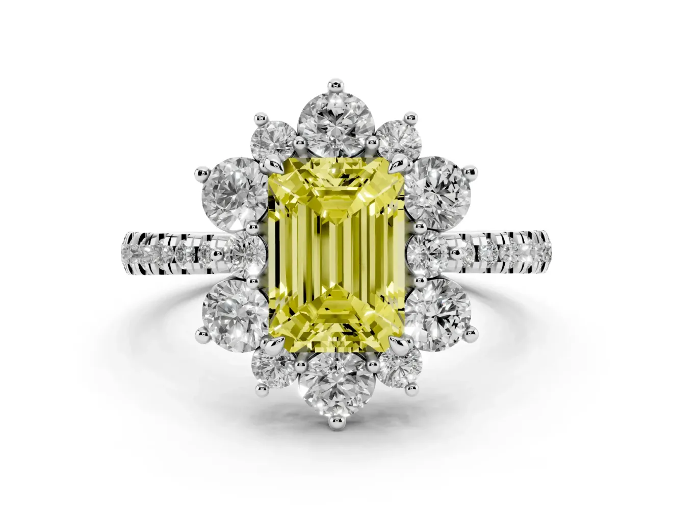 Emerald Cut Star Floral Halo Engagement Ring Setting for a Fancy Yellow Lab-Grown Diamond | Sterling Silver