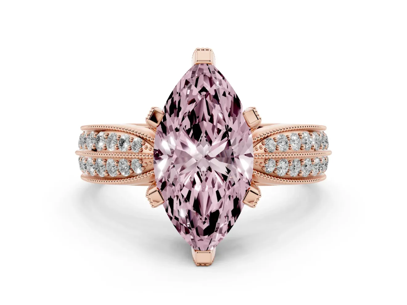 Fancy Pink Marquise Cut Diamond Solitaire Ring Set in Rose gold with Milgrain Double Row Round Pavé Band