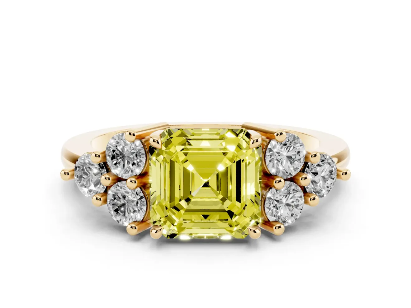 Asscher Cut Cluster Side Stone Engagement Ring Setting for a Fancy Yellow Lab-Grown Diamond | Plain Band | Yellow Gold