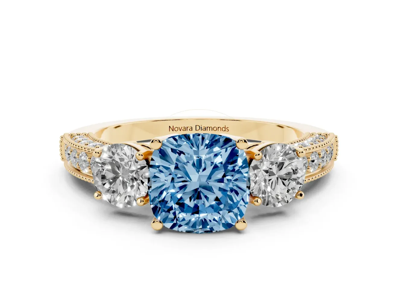 Cushion Cut Three Stone Engagement Ring Setting for a Fancy Blue Lab-Grown Diamond | Graduated Pave Band | Yellow Gold