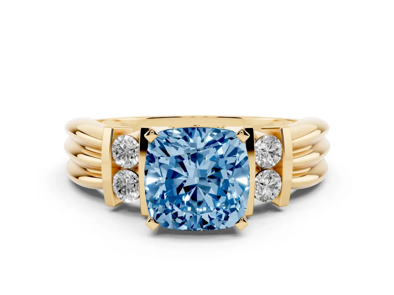 Fancy Blue Three-Stone Cushion Cut Diamond Channel Set Ring Set in Yellow gold with Bar Prongs