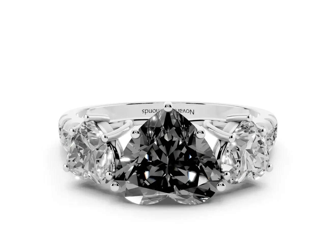 Fancy Black Heart Cut Diamond Three-Stone Ring Set in Silver with Pavé Band