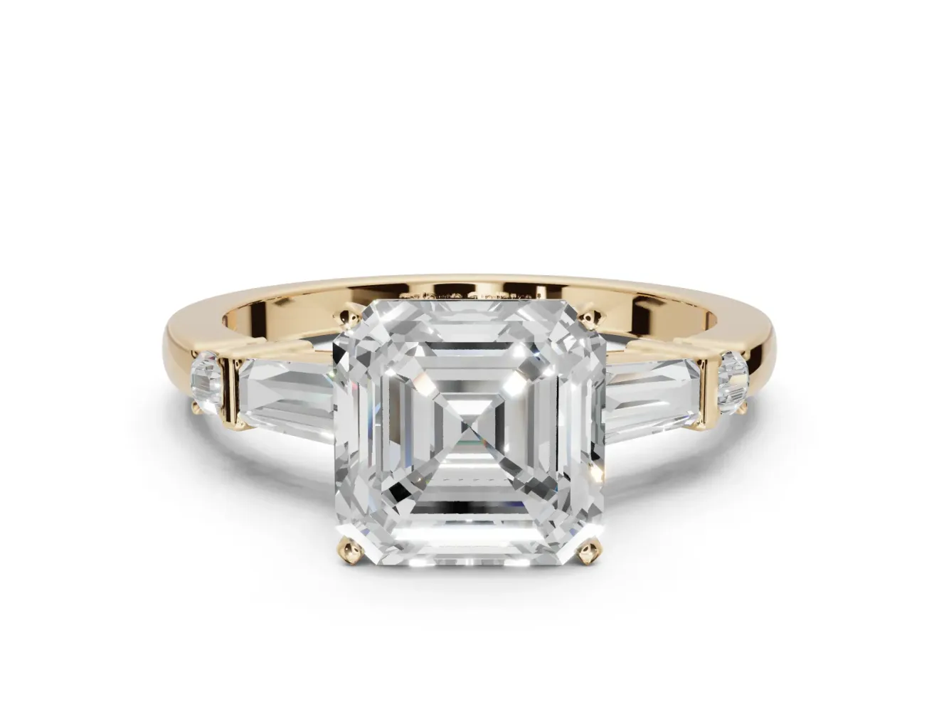 Asscher Cut Tapered Baguette Engagement Ring Setting | Bar Set Sides | Yellow Gold