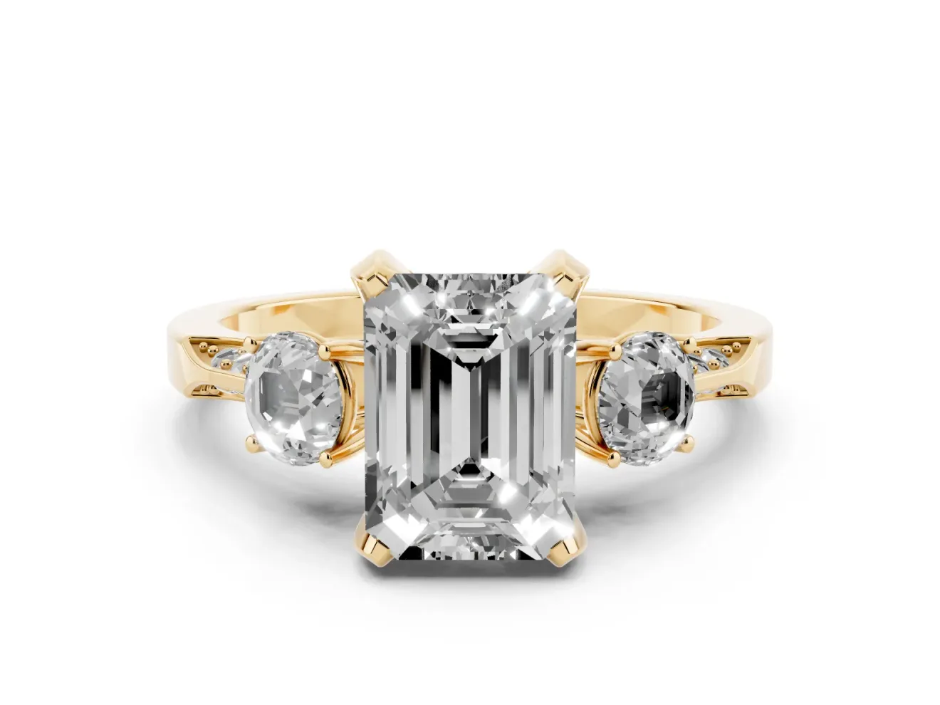 Emerald Cut Hidden Halo Three Stone Engagement Ring Setting for a Fancy Green Lab-Grown Diamond | Yellow Gold