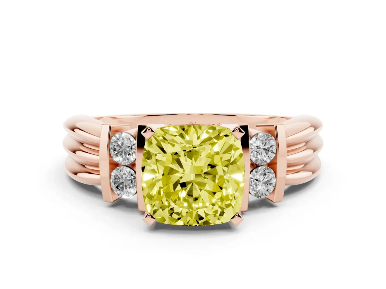 Fancy Yellow Three-Stone Cushion Cut Diamond Channel Set Ring Set in Rose gold with Bar Prongs