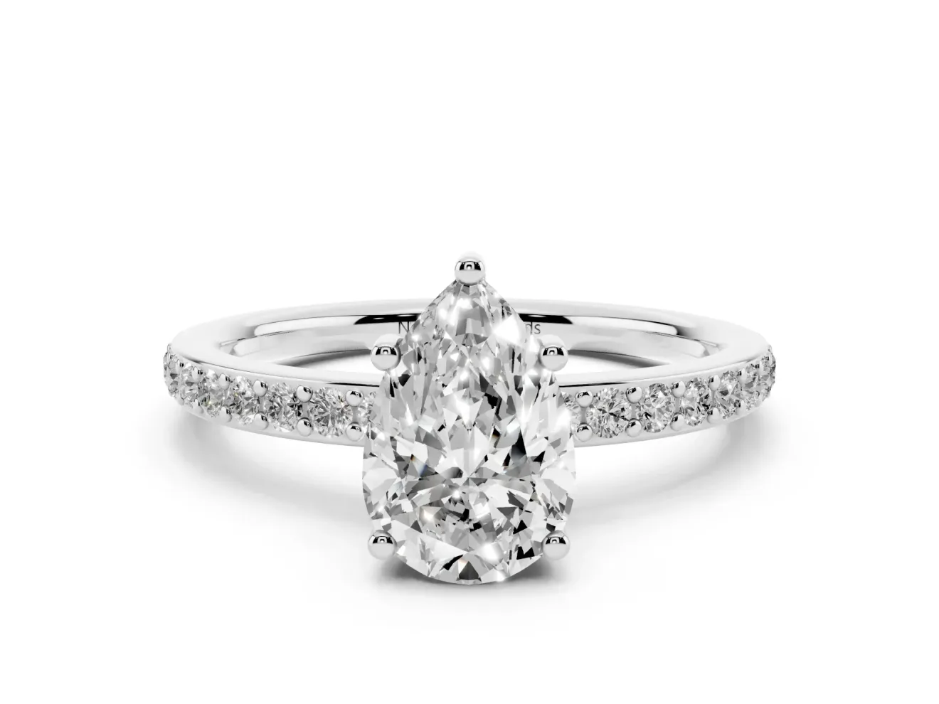 Pear Cut Diamond Pavé Band Ring Set in White gold with Prong-Set Center Stone
