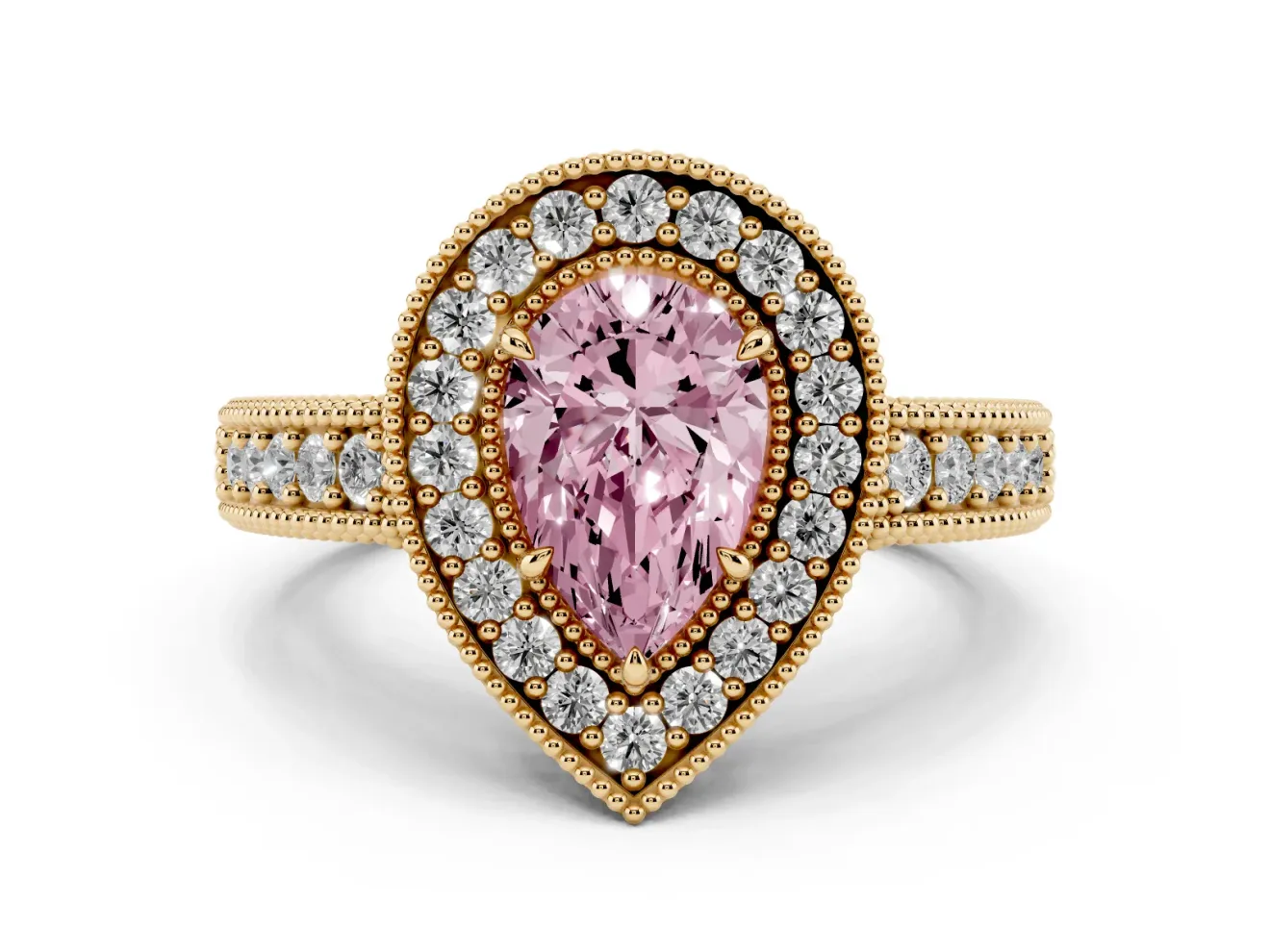 Pear-Shaped Milgrain Halo Engagement Ring Setting for a Fancy Pink Lab-Grown Diamond | Carved Leaf Detail | Yellow Gold
