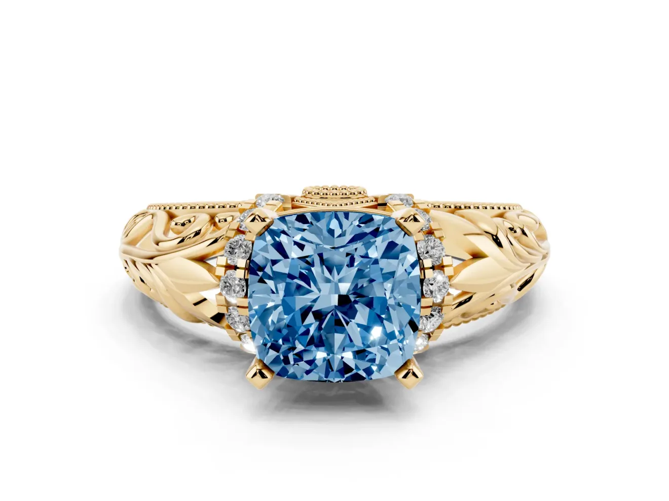 Fancy Blue Cushion Cut Diamond Filigree Halo Engagement Ring Set in Yellow gold with Prong Setting