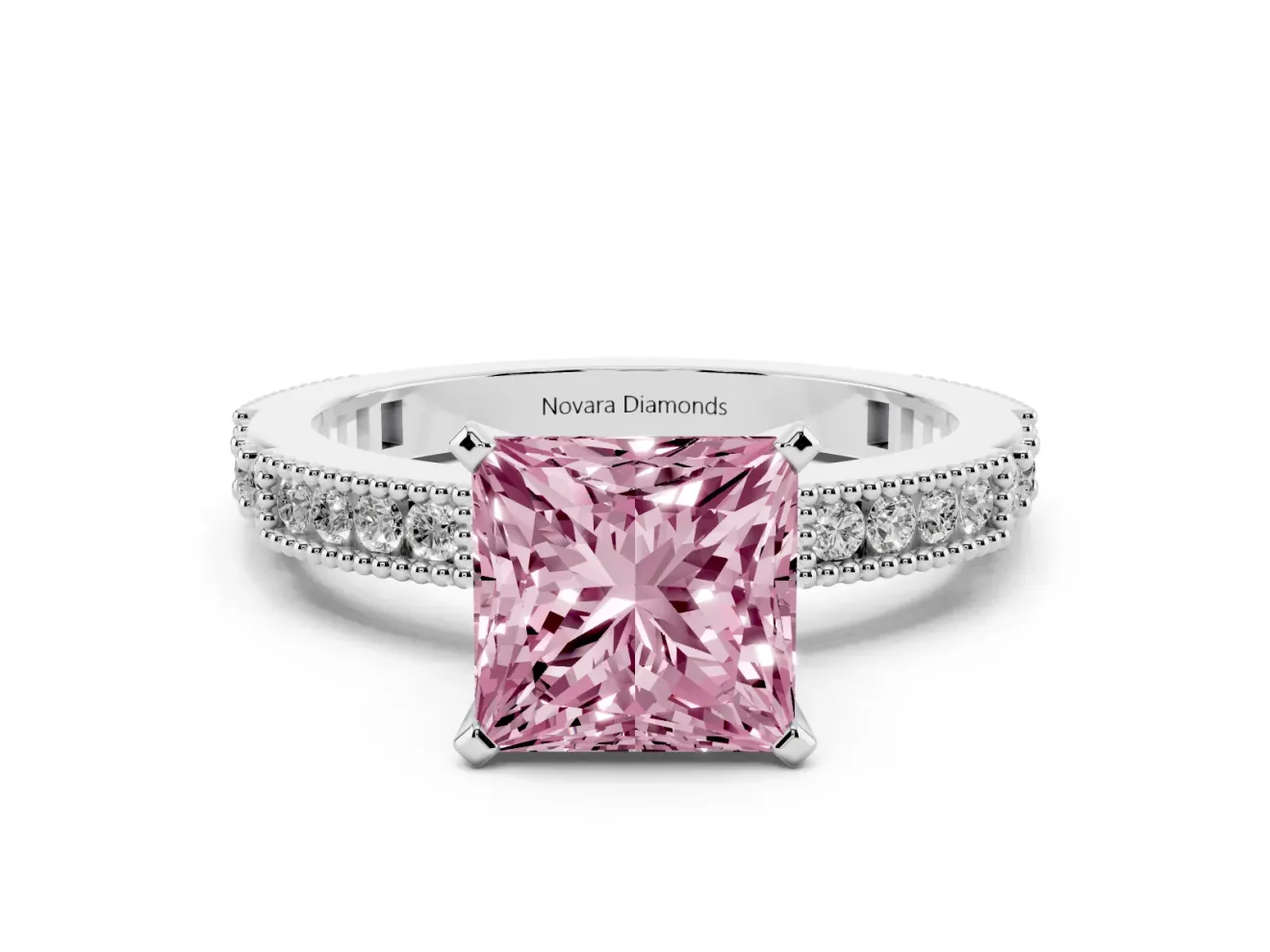Princess Cut Vintage Pavé Engagement Ring Setting for a Fancy Pink Lab-Grown Diamond | Milgrain Edges | Sterling Silver