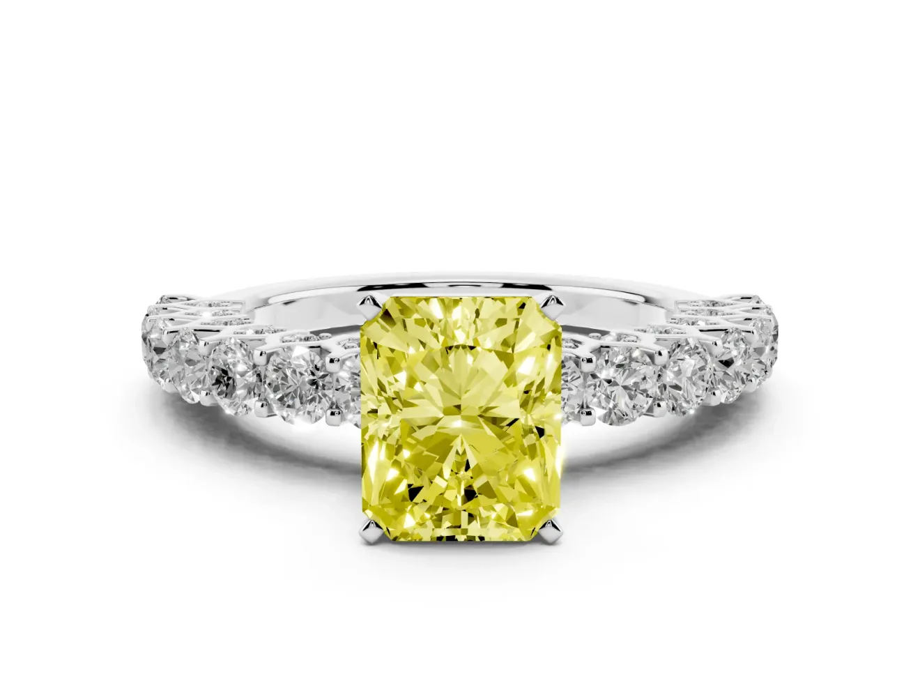 Radiant Cut Shared Prong Engagement Ring Setting for a Fancy Yellow Lab-Grown Diamond | Platinum