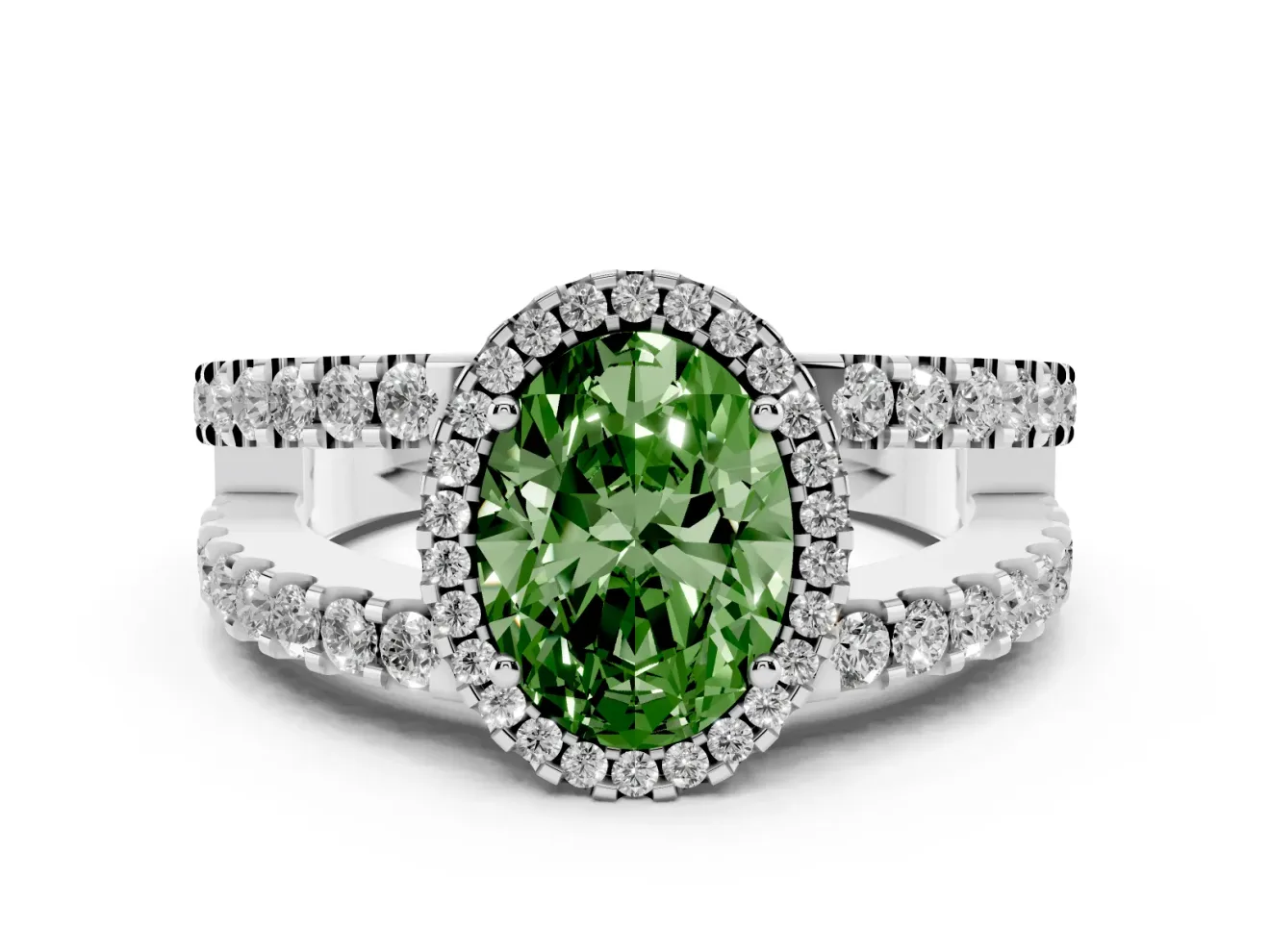 Fancy Green Oval Cut Diamond Halo Ring Set in Silver with Pavé Split Shank and Prong Setting