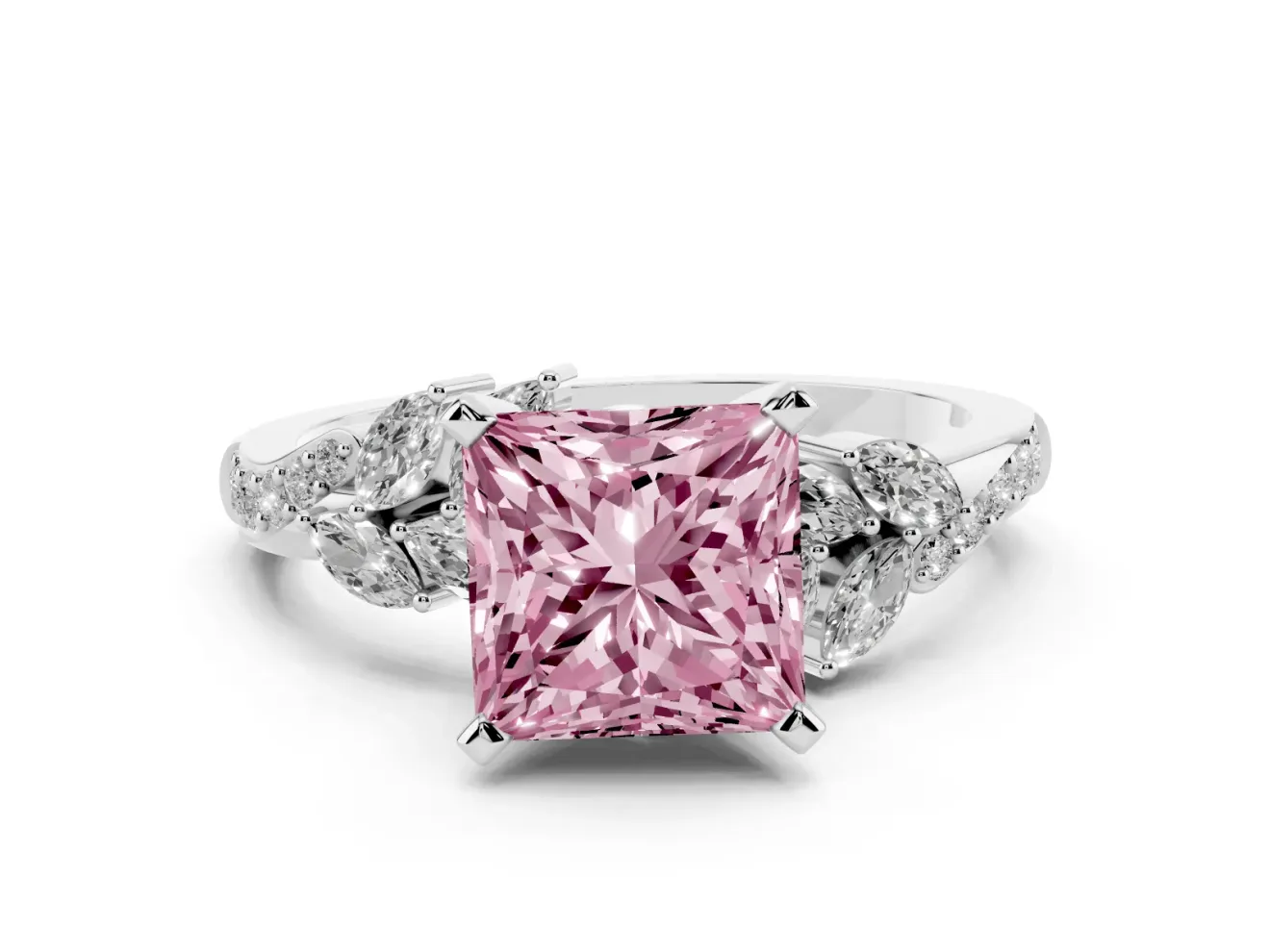 Fancy Pink Princess Cut Diamond Solitaire Ring Set in White gold with Marquise Twist Band and Prong Setting