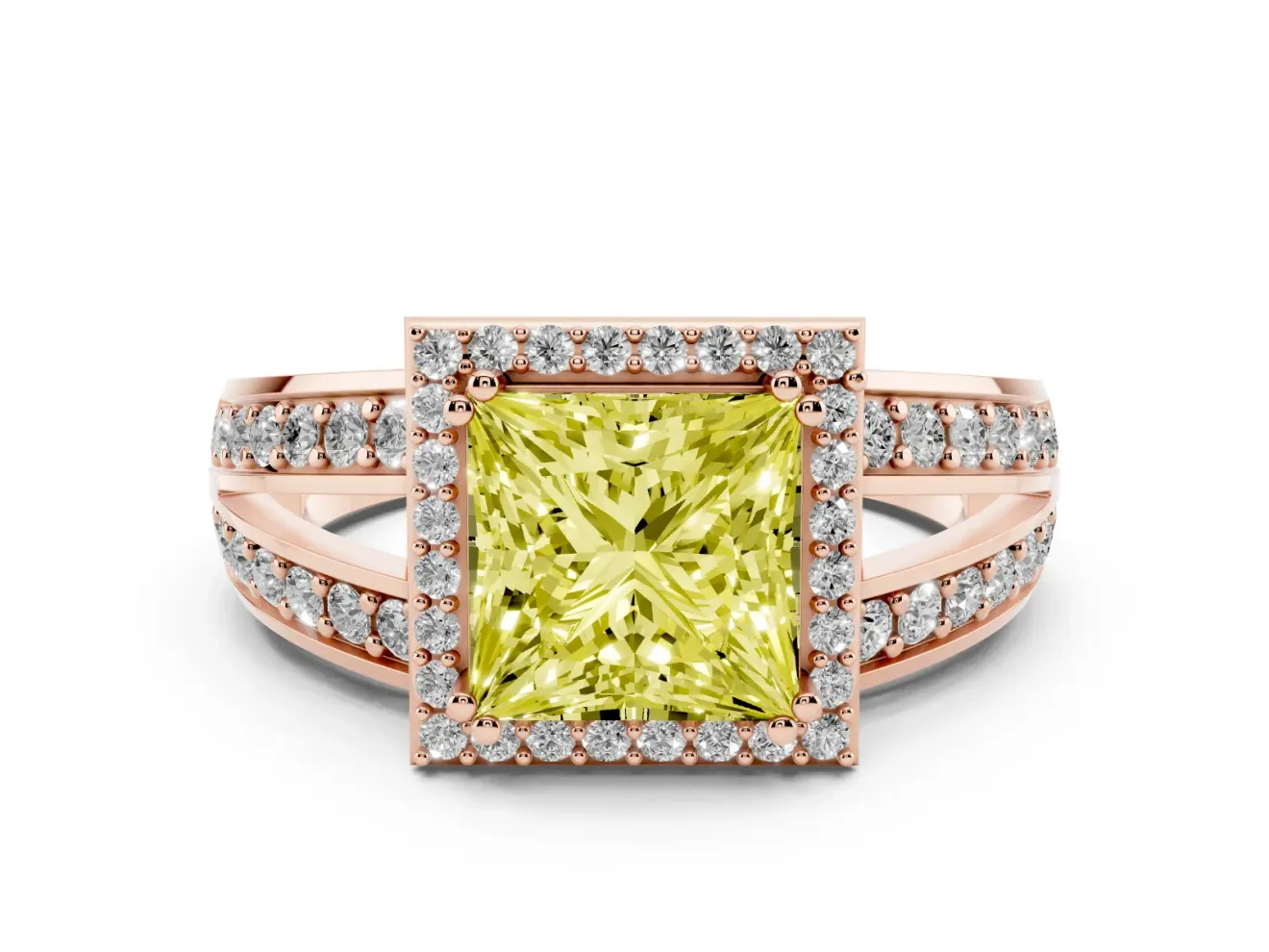 Princess Cut Halo Engagement Ring Setting for a Fancy Yellow Lab-Grown Diamond | Two-Row Pave Split Shank | Rose Gold