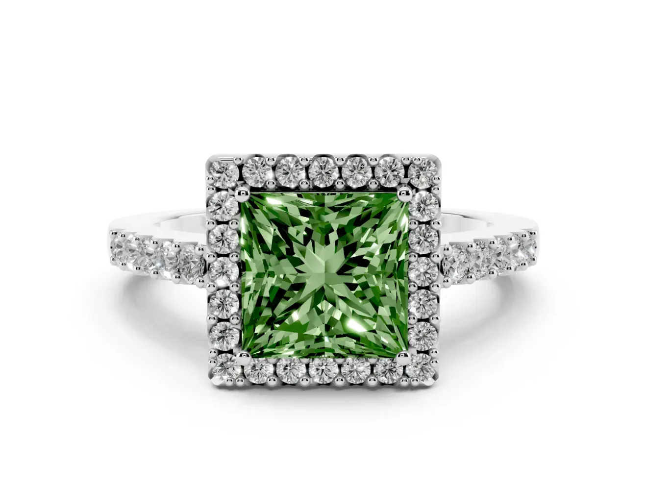 Fancy Green Princess Cut Diamond Halo Pavé Solitaire Ring Set in White gold with Prong-Set Center Stone