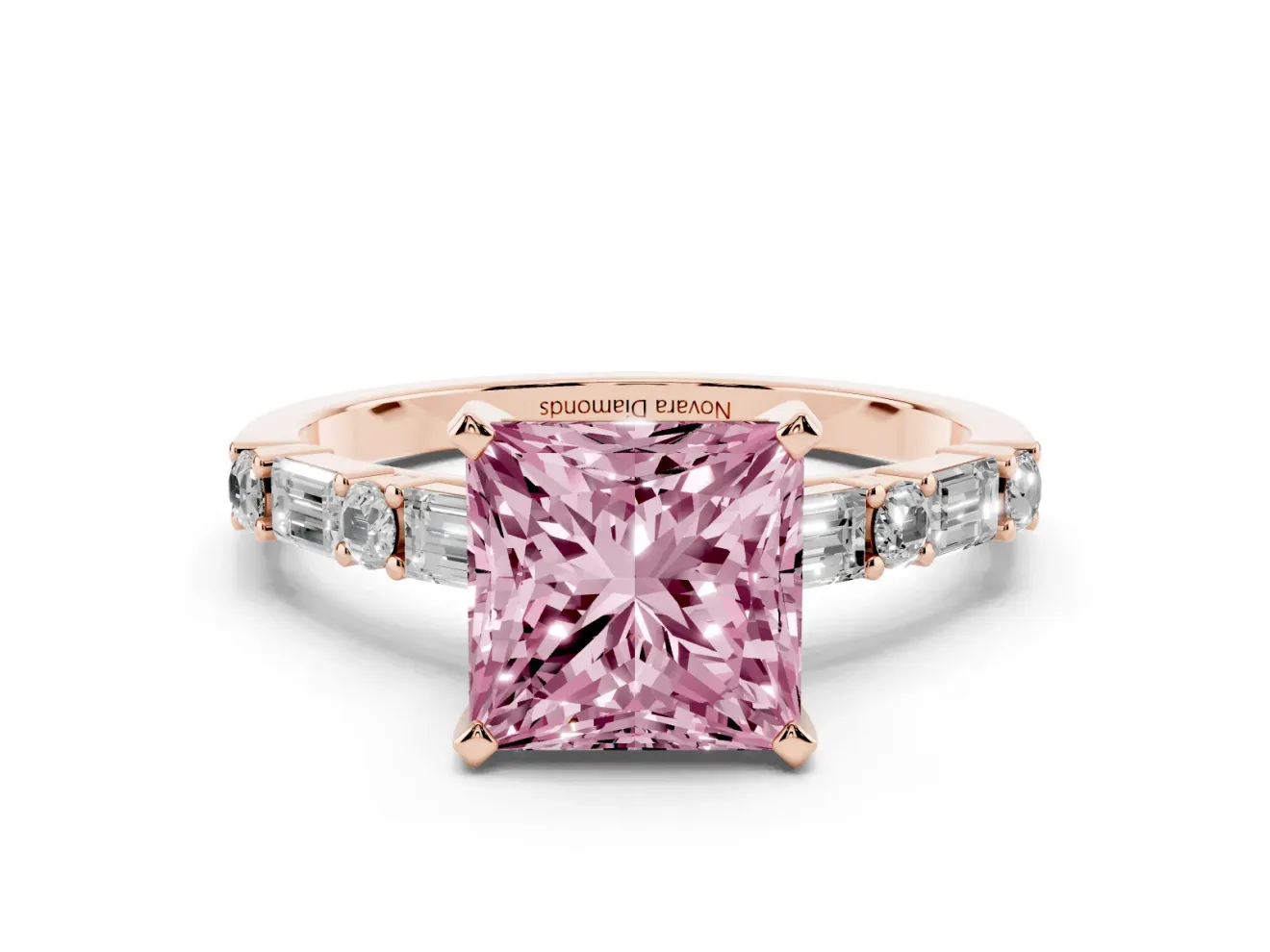 Fancy Pink Princess Cut Diamond Solitaire Set in Rose gold with Side Baguettes and Channel Set Band